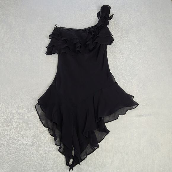 Orna Faro Vintage Y2K women's black silk ruffle tiers one shoulder dress Sz 40 - Picture 3 of 8